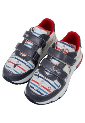 Unisex Enfants Cuir Vegan Baskets à Scratchs Bleu Foncé - Warner Bros Marine Tunes Looney Tunes Motif - Thumbnail (1)