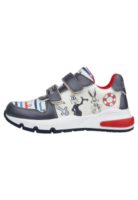 Dogo - Unisex Enfants Cuir Vegan Baskets à Scratchs Bleu Foncé - Warner Bros Marine Tunes Looney Tunes Motif