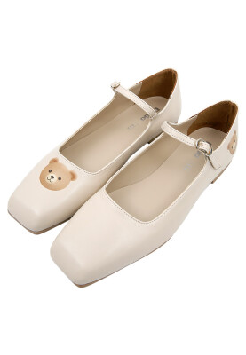Femme Cuir Vegan Beige Chaussures Plates - Teddy Motif - Thumbnail (1)