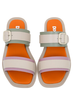 Femme Cuir Vegan Beige Sandales - Beige Sunny Motif - Thumbnail (1)