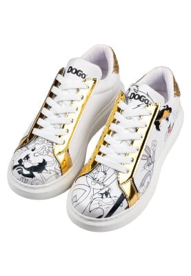 Dogo - Femme Cuir Vegan Blanc Baskets - Warner Bros Bugs Bunny Looney Tunes Chasing Tunes Motif