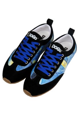 Femme Cuir Vegan Bleu Baskets - Vincent van Gogh The Starry Night Motif - Thumbnail (1)