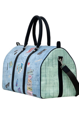 Femme Cuir Vegan Bleu Sac de Voyage - Ready to Travel Motif - Thumbnail (1)