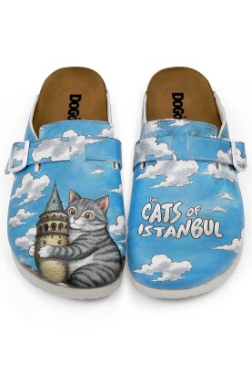 Dogo - Femme Cuir Vegan Bleu Sandales - Galata Cat Motif