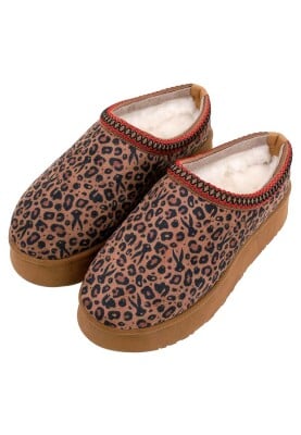 Dogo - Femme Cuir Vegan Brun Chaussons Doublées en Peluche - Looney Tunes Leopard Looney Motif