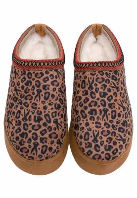 Femme Cuir Vegan Brun Chaussons Doublées en Peluche - Looney Tunes Leopard Looney Motif - Thumbnail (1)