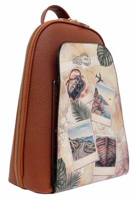 Femme Cuir Vegan Brun Sac à Dos - Ink and Pictures Motif - Thumbnail (1)