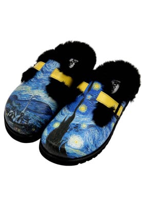 Femme Cuir Vegan Bleu Chaussons Doublées en Peluche - Vincent van Gogh The Starry Night Motif - Thumbnail (1)
