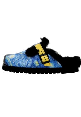 Dogo - Femme Cuir Vegan Bleu Chaussons Doublées en Peluche - Vincent van Gogh The Starry Night Motif