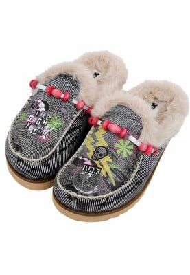 Dogo - Femme Cuir Vegan Crème Chaussons Doublées en Peluche - The Night is Young Motif