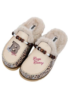 Dogo - Femme Cuir Vegan Crème Chaussons Doublées en Peluche - Warner Bros Leopard Bugs Bunny Motif
