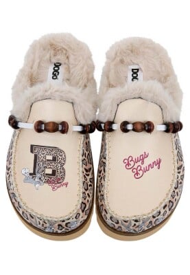 Femme Cuir Vegan Crème Chaussons Doublées en Peluche - Warner Bros Leopard Bugs Bunny Motif - Thumbnail (1)