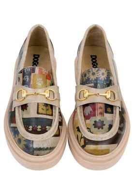 Femme Cuir Vegan Cream Mocassins - Anatolian Patterns Motif - Thumbnail (1)