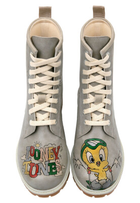 Dogo - Femme Cuir Vegan Gris Bottes Longues - Warner Bros Tweety Looney Tunes Ski Club Motif