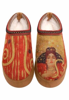 Femme Cuir Vegan Red Chaussons Doublées en Peluche - Shine Motif - Thumbnail (1)