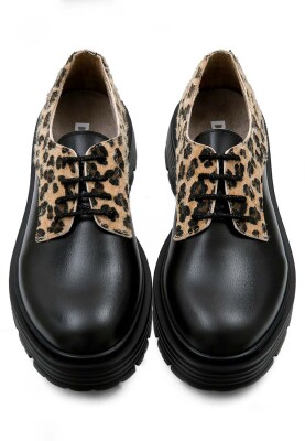 Femme Cuir Vegan Noir Baskets - Black Leo Motif - Thumbnail (1)