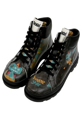 Femme Cuir Vegan Noir Bottes - Dynamic Spirit Motif - Thumbnail (1)