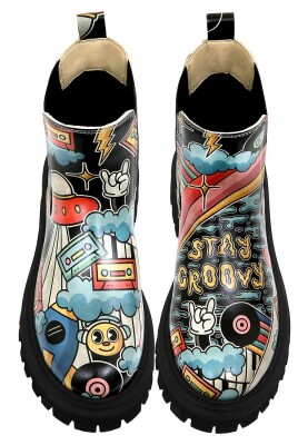 Dogo - Femme Cuir Vegan Noir Bottes Longues - Stay Groovy Motif Dogo - Femme Cuir Vegan Noir Bottes Longues - Stay Groovy Motif