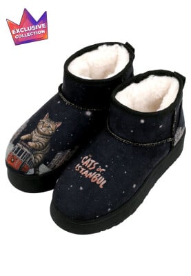 Dogo - Femme Cuir Vegan Noir Bottines Doublées en Peluche - Paws on Taksim Motif