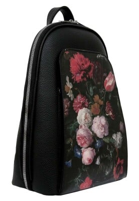Femme Cuir Vegan Noir Sac à Dos - Black Floral Motif - Thumbnail (1)