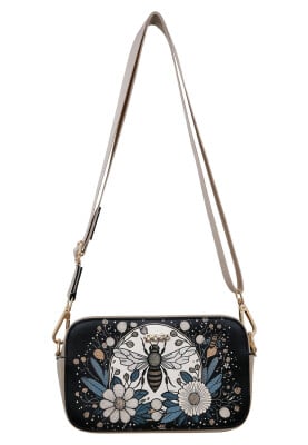Femme Cuir Vegan Noir Sac à Main - Bee with Flowers Motif - Thumbnail (1)