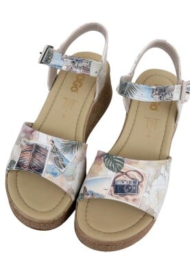 Femme Cuir Vegan Crème Sandales Compensées - Ink and Pictures Motif - Thumbnail (1)