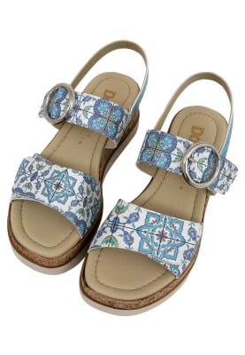 Femme Cuir Vegan Bleu Sandales Compensées - Aegean Tiles Motif - Thumbnail (1)