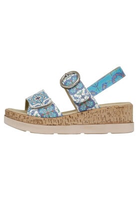 Dogo - Femme Cuir Vegan Bleu Sandales Compensées - Aegean Tiles Motif