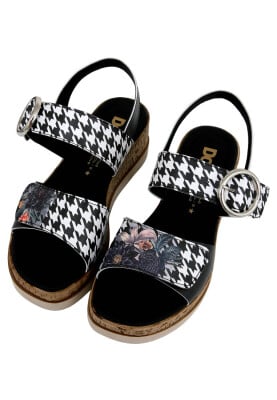 Femme Cuir Vegan Noir Sandales Compensées - Black Majestic Garden Motif - Thumbnail (1)