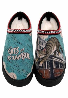Femme Cuir Vegan Turquoise Chaussons Doublées en Peluche - Tram Nap Motif - Thumbnail (1)