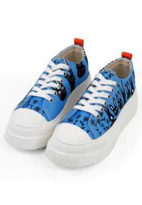 Femme Vegan Bleu Baskets à Plateforme - Line of Rabbits Motif - Thumbnail (1)