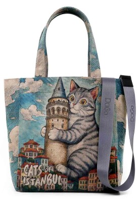 Dogo - Femme Vegan Bleu Large Tote Bag - Galata Cat Motif