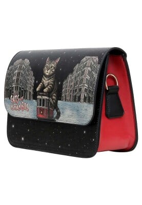 Femme Cuir Vegan Bleu Sac à Main - Paws on Taksim Motif - Thumbnail (1)