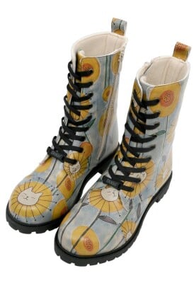 Dogo - Femme Cuir Vegan Bleu Bottes Longues à Glissière - Cat Flower Motif
