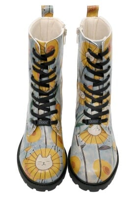 Femme Cuir Vegan Bleu Bottes Longues à Glissière - Cat Flower Motif - Thumbnail (1)