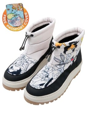 Femme Vegan Crème Bottes Longues - Looney Tunes Chasing Tunes Motif - Thumbnail (1)