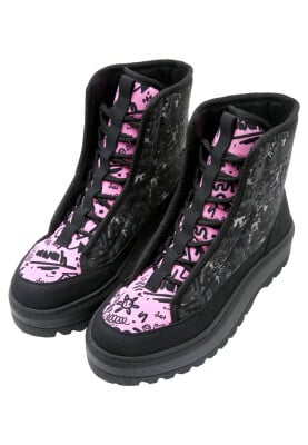Femme Vegan Noir Bottes Longues - Doodle Camo Motif - Thumbnail (1)