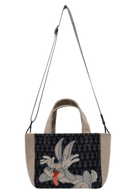 Femme Vegan Noir Medium Tote Bag - Warner Bros Bugs Bunny Playful Bugs Motif - Thumbnail (1)