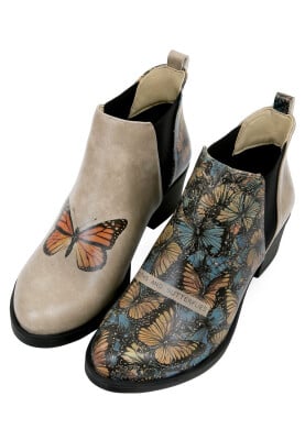 Dogo - Kadın Vegan Deri Bej Bilekte Bot - Moths and Butterflies Tasarım