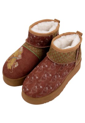 Dogo - Kadın Vegan Deri Kahverengi İçi Peluş Bilekte Bot - Camping Scooby Doo Tasarım