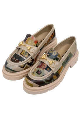 Dogo - Kadın Vegan Deri Krem Loafer - Anatolian Patterns Tasarım
