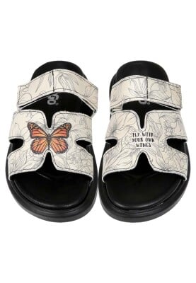 Kadın Vegan Deri Krem Terlik - Fly With Your Own Wings Tasarım - Thumbnail (1)