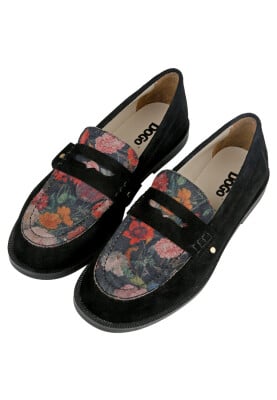 Dogo - Kadın Vegan Deri Siyah Loafer - Black Floral Tasarım