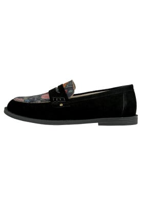 Kadın Vegan Deri Siyah Loafer - Black Floral Tasarım - Thumbnail (1)