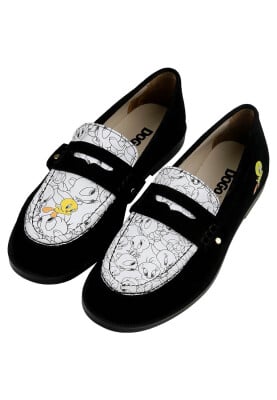 Dogo - Kadın Vegan Deri Siyah Loafer - Warner Bros Looney Tunes Tweety Tasarım