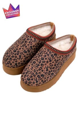 Dogo - Kadın Vegan Deri Kahverengi İçi Peluş Terlik - Looney Tunes Leopard Looney Tasarım