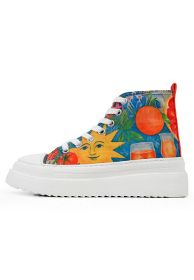 Dogo - Kadın Vegan Çok Renkli Kalın Taban High Sneakers - Summer of Santorini Tasarım