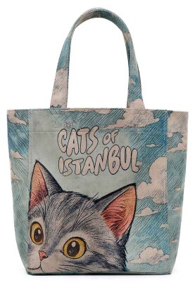 Kadın Vegan Mavi Large Tote Bag - Galata Cat Tasarım - Thumbnail (1)