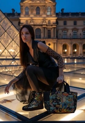 Kadın Vegan Siyah Medium Tote Bag - Stay Groovy Tasarım - Thumbnail (1)