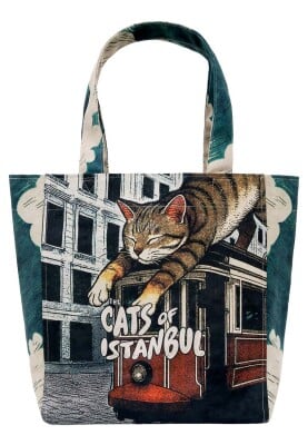 Kadın Vegan Turkuaz Large Tote Bag - Tram Nap Tasarım - Thumbnail (1)
